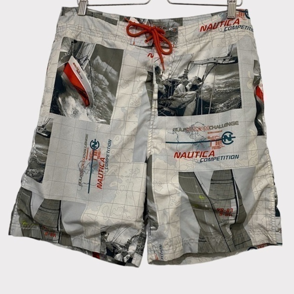 Nautica Competition Mens Gray & Orange Geographic Boat Graphic Swim Trunks 34W